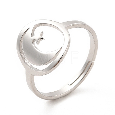 Non-Tarnish 201 Stainless Steel Moon & Star Adjustable Ring for Women RJEW-F131-07P-1