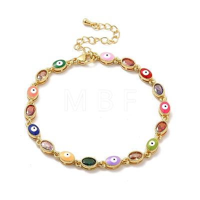 Enamel Evil Eye & Glass Oval Link Chain Bracelet BJEW-G663-01G-1