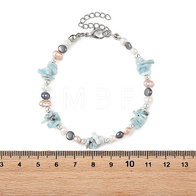 Natural Larimar Chip Beads & Cultured Freshwater Pearl Beaded Bracelets for Women BJEW-JB14215-1