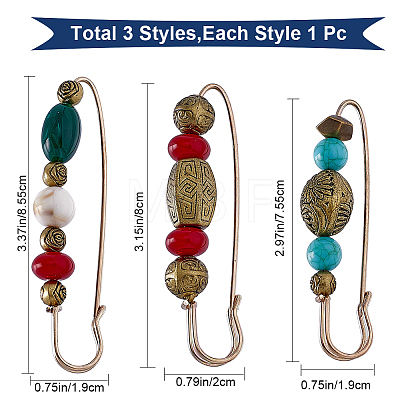 Gorgecraft 3Pcs 3 Styles Plastic Barrel Beaded Safety Pin Brooches JEWB-GF0001-39-1