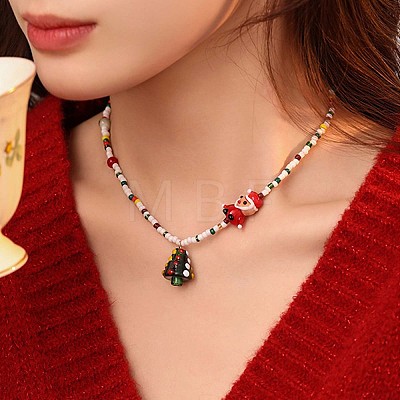 Christmas Tree Acrylic Pendant Santa Claus and Glass Seed Beaded Necklaces for Women FS-WGC89DE-01-1