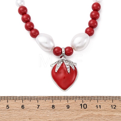 Strawberry Brass Micro Pave Clear Cubic Zirconia Red Enamel Pendant Necklaces for Women NJEW-G162-04P-1