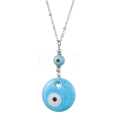 Light Sky Blue Glass Evil Eye Pendant Necklace with Alloy Cable Chains NJEW-JN04650-01-1