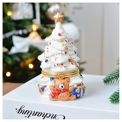 Porcelain Christmas Tree Decorative Hinged Jewelry Trinket Box DJEW-PW0012-055A-1