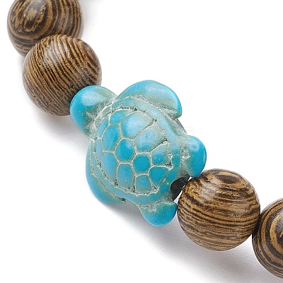 Natural Wood Round & Synthetic Turquoise Turtle Beaded Stretch Bracelet for Women BJEW-JB09699-06-1