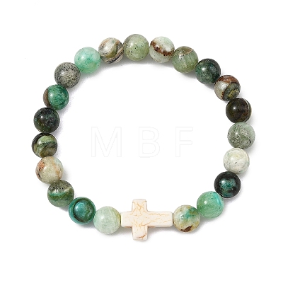 Natural Green Line Jasper & Synthetic Turquoise Cross & Round Beaded Stretch Bracelets for Women Men BJEW-JB13926-02-1
