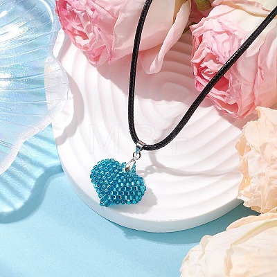 3D Heart Glass Seed Beads Pendant Necklaces NJEW-MZ00046-01-1