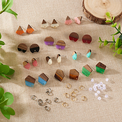 DIY 12 Pairs 12 Style Two Tone Resin & Walnut Wood Stud Earring Findings DIY-CW0001-35-1