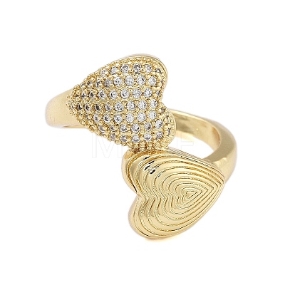 Rack Plating Heart Brass Micro Pave Cubic Zirconia Open Cuff Rings for Women RJEW-B064-08G-1