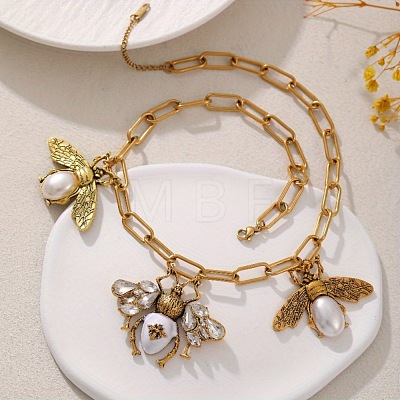 Alloy Crystal Rhinestone Bees Pendant Bib Pendant Necklaces with Imitation Pearl FS-WGD3FB1-01-1