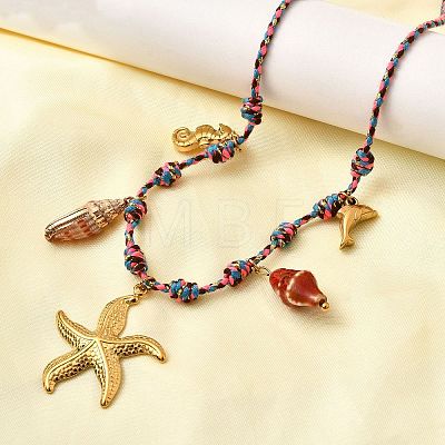 Summer Beach 304 Stainless Steel & Electroplated Natural Shell Pendant Adjustable Polyester Cord Necklaces for Women NJEW-F348-01C-G-1