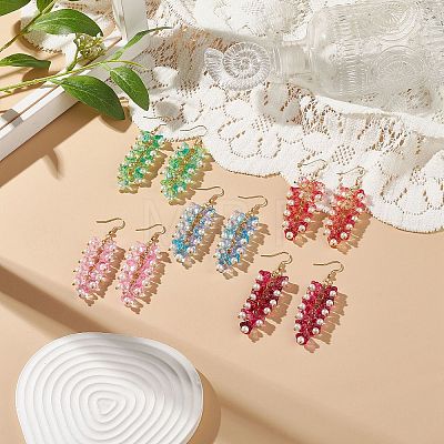 5 Pairs 5 Color Trumpet Flower Glass & Imitation Pearl Beaded Dangle Earrings EJEW-JE05100-1