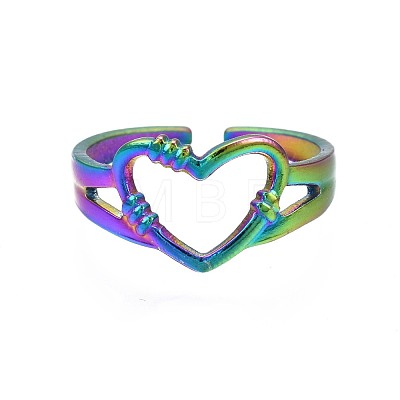304 Stainless Steel Hollow Heart Cuff Ring RJEW-N038-053-1