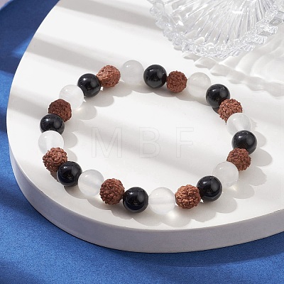 Natural Rudraksha & Selenite & Eyeless Obsidian Beaded Stretch Bracelets BJEW-JB10115-01-1