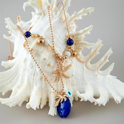 Alloy Starfish Coconut Tree & Oval Resin Pendant Double Layer Necklaces FS-WGC9AA5-01-1