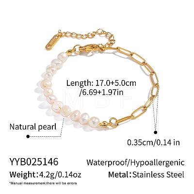 French Vintage Natural Pearl Potato Beaded Bracelets with 304 Stainless Steel Paperclip Chains for Women HS0908-1-1