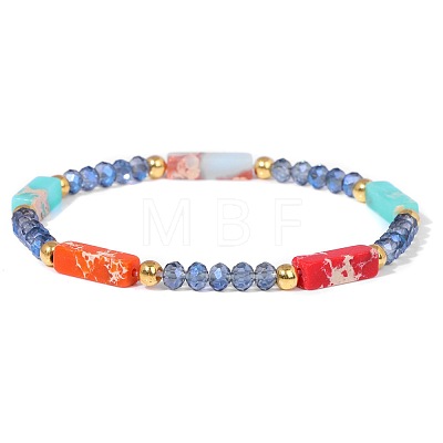 Dyed Synthetic Imperial Jasper Cuboid & Faceted Rondelle Dyed White Jade & Round Brass Beaded Stretch Bracelets QY8342-6-1