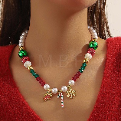Christmas Theme Alloy Rhinestone and Enamel Pendant Imitation Pearl and Acrylic Beaded Necklaces FS-WG3DBCD-06-1