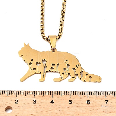 304 Stainless Steel Hollow Cat Shaped Pendant Box Chain Necklaces NJEW-M086-06G-1