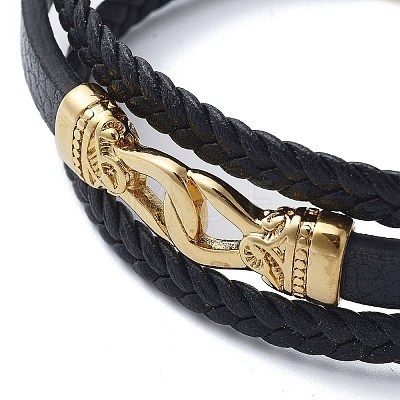 PVD Vacuum Plating Men's Black PU Leather Cord Multi-Strand Bracelets BJEW-K243-41G-1