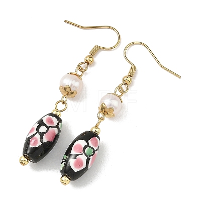 Printed Handmade Porcelain & Natural Freshwater Pearl Dangle Earrings EJEW-JE07374-1