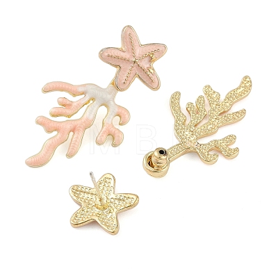 Coral with Starfish Enamel Stud Earrings EJEW-M005-05A-02-1