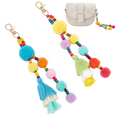 WADORN 2Pcs 2 Colors Colorful Boho Pompom Ball Tassel Polyester Pendant Decorations with Wood Bead for Women AJEW-WR0001-72-1