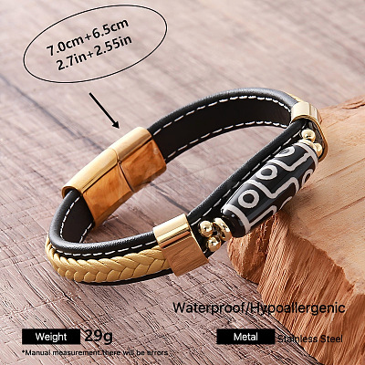 Vintage Two Tone Braided PU Leather Cord 9-Eye Tibetan Style dZi Rice Beads Bracelets UA9216-2-1