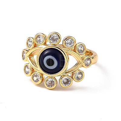 Lampwork Evil Eye Open Cuff Ring with Clear Cubic Zirconia RJEW-L104-03G-01-1