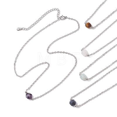 Natural Amethyst/Rose Quartz/Tiger Eye/Amazonite/Sodalite Faceted Round Pendant Necklaces NJEW-JN05133-01-1