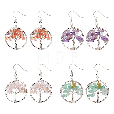4 Pairs 4 Style Natural Mixed Gemstone Chips Tree of Life Dangle Earrings EJEW-AN0002-48-1