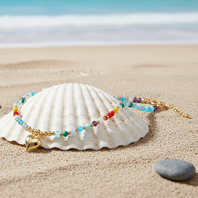 Beach Colorful Glass Beaded Alloy Heart Pendant Necklaces for Women LS-NM2683-1