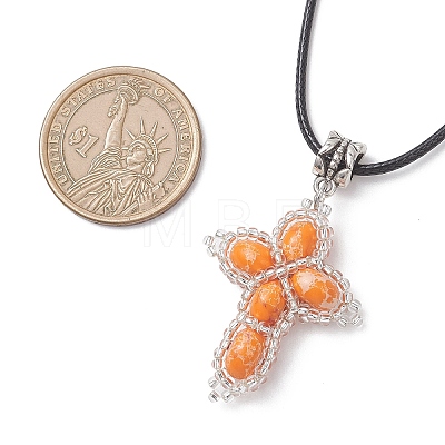 Dyed Synthetic Imperial Jasper with Glass Seed Beaded Cross Pendant Black Waxed Cotton Cord Necklaces NJEW-MZ00138-1