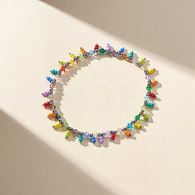 Colorful Glass Seed Beaded Charms Stretch Anklet for Women AJEW-AN00531-1