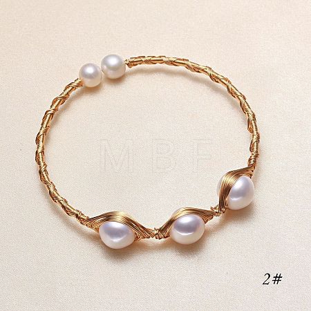 Brass Wire Wrapped Round Natural Freshwater Pearl Cuff Bangles for Women WG890F6-01-1