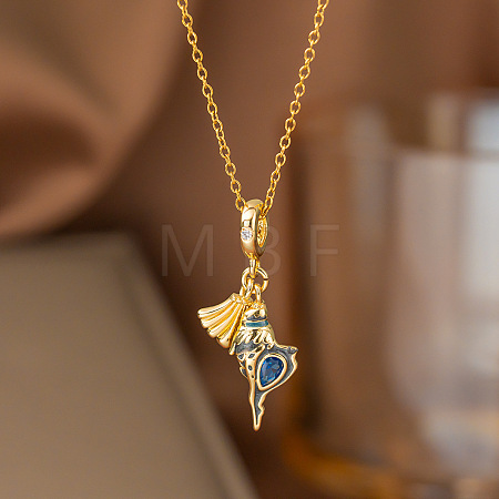 Ocean Brass Micro Pave Cubic Zirconia & Enamel Shell Shape Pendant 304 Stainless Steel Cable Chain Necklaces for Women WG112BD-03-1