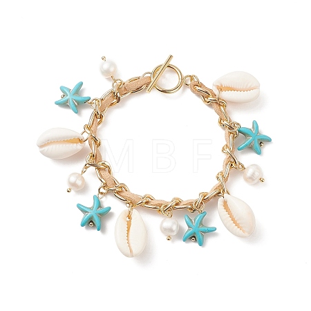 Natural Shell & Shell Pearl & Synthetic Starfish Charm Bracelet BJEW-TA00201-1