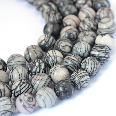 Natural Black Silk Stone/Netstone Round Bead Strands G-E334-10mm-05-1