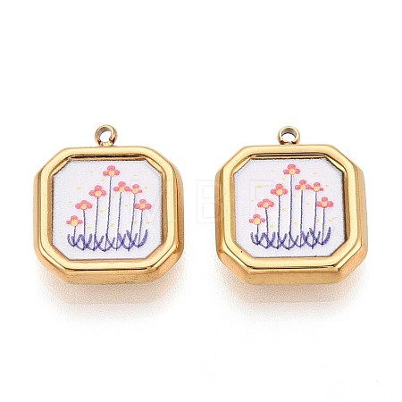 Printed Style 304 Stainless Steel Square with Flower Pendants STAS-T071-24D-G-1