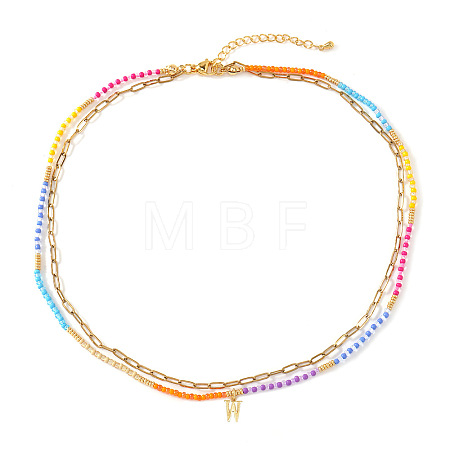 Colorful Glass Seed Beaded Initial Pendant Double Layer Necklaces QS3881-23-1
