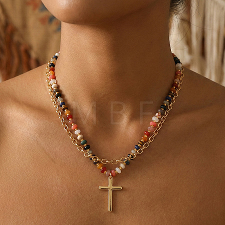 Natural Mixed Stone and Glass Beaded Stainless Steel Cross Pendant Double Layer Necklaces for Women GY4764-1-1