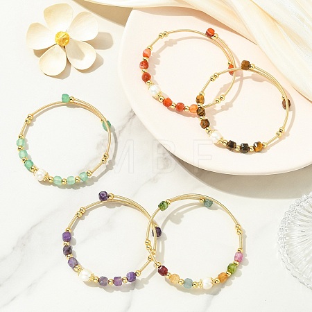 Natural Gemstone & Freshwater Pearl Beaded Copper French Wired Cuff Bangles for Women BJEW-JB13987-1