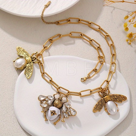 Alloy Crystal Rhinestone Bees Pendant Bib Pendant Necklaces with Imitation Pearl FS-WGD3FB1-01-1