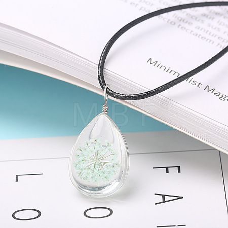 Transparent Glass Inner Dried Flower Teardrop Pendant Black Waxed Cord Necklaces WG346B2-03-1