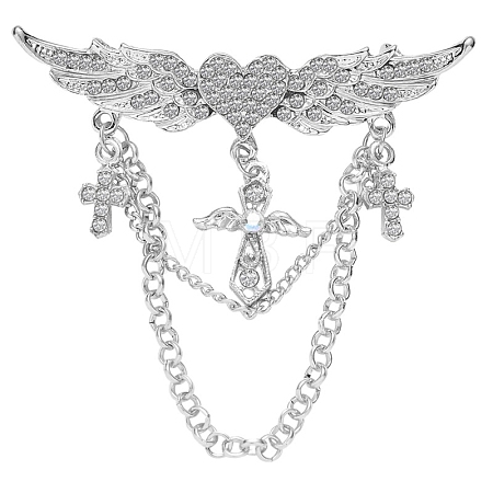 Heart with Angel Wings Alloy Full Crystal Rhinestone Hanging Chain Brooch PW-WGB7AF1-02-1