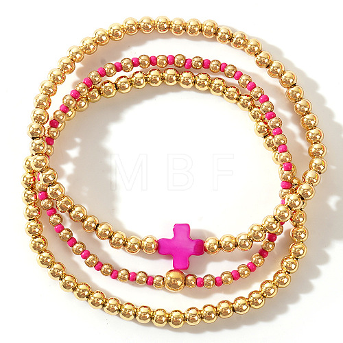 3Pcs Golden Luxury Brass Beaded Gothic Cross Ladies Elastic Bracelet Sets MP9967-1-1