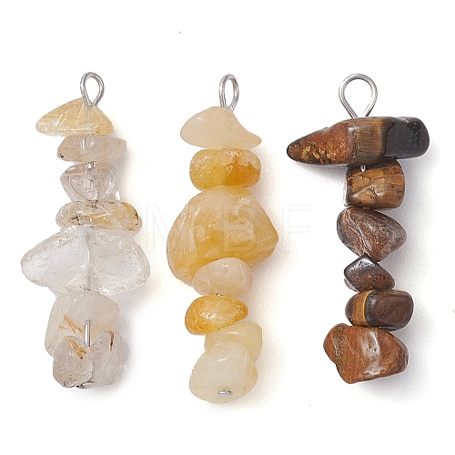 Gradient Color Natural Citrine & Natural Tiger Eye & Natural Gold Rutilated Quartz Chip Beaded Pendants PALLOY-JF02791-08-1