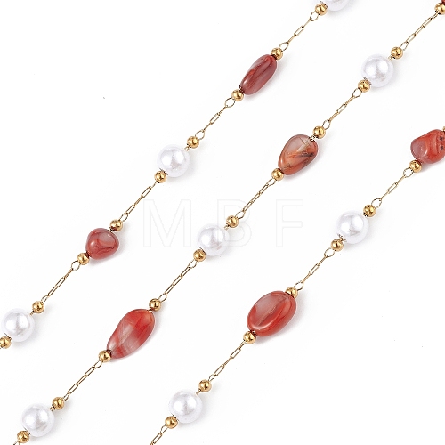 Natural Red Agate Nugget & Glass Imitation Pearl Beaded Chain CHS-C006-02A-1