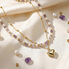 304 Stainless Steel Heart Pendant White Faux Pearl and Natural Amethyst Faceted Round Beaded Double Layer Necklaces for Women JN5423-1-2