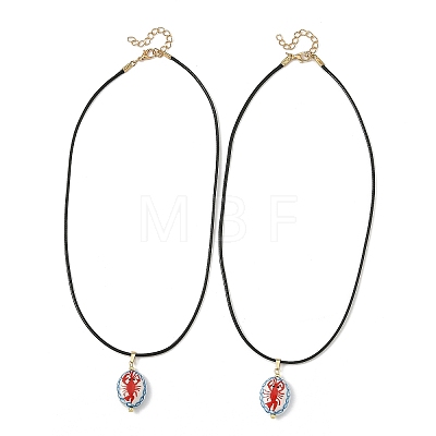 Handmade Porcelain Oval with Lobster Pendant Black Waxed Cord Necklaces NJEW-JN06564-1
